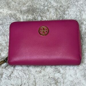 Tory Burch Fuchsia Mini Robinson Wallet Zip Around with Gold Logo